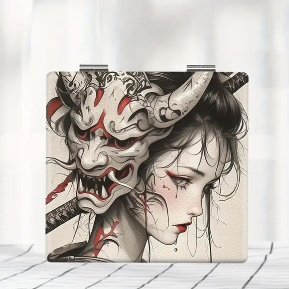 Hannya Japanese Oni Mask Compact Makeup Mirror - Aesthetic, Portable & Stylish - Picture 1 of 4